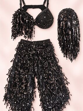 Black Sequin Fringe Dance Costume Set for Kids